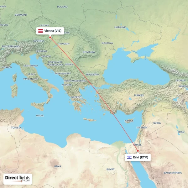 Vienna - Eilat direct flight map