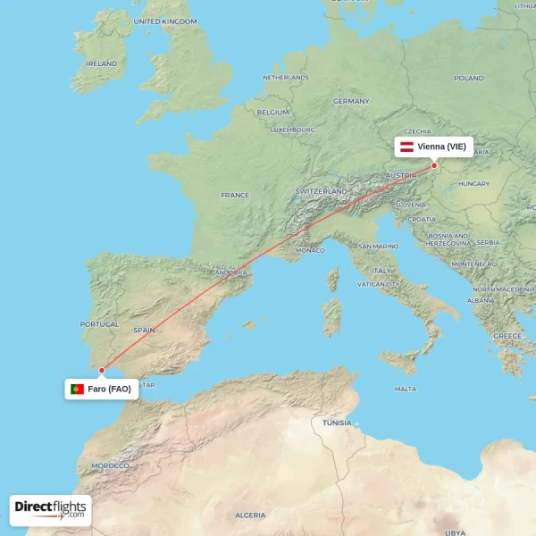 Vienna - Faro direct flight map