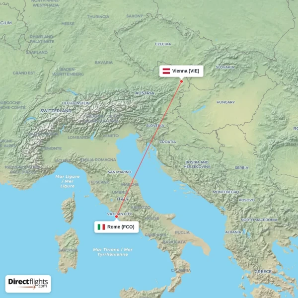 Vienna - Rome direct flight map