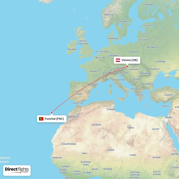 Vienna - Funchal direct flight map