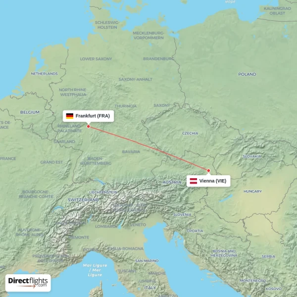 Vienna - Frankfurt direct flight map