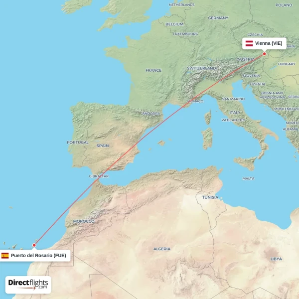 Vienna - Puerto del Rosario direct flight map