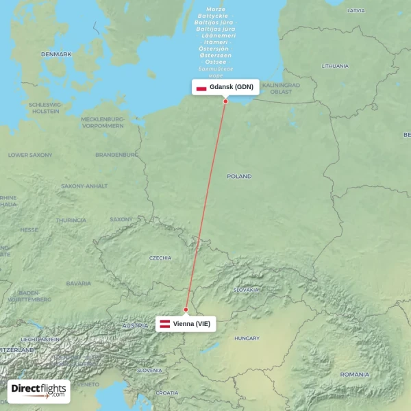 Vienna - Gdansk direct flight map