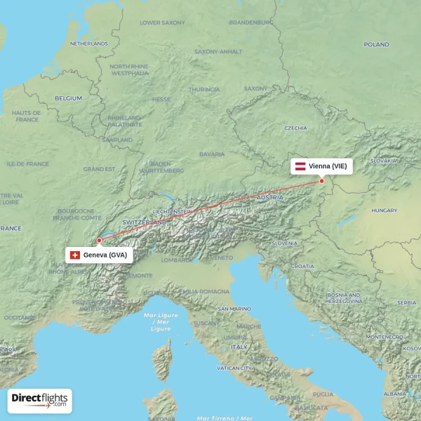 Vienna - Geneva direct flight map