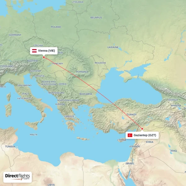 Vienna - Gaziantep direct flight map