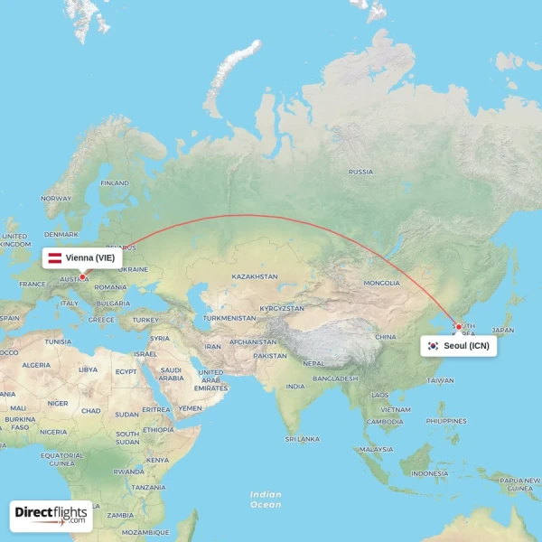 Vienna - Seoul direct flight map