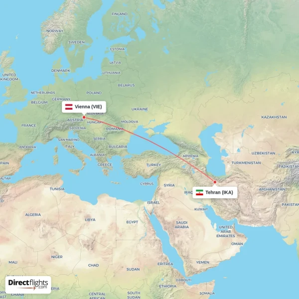 Vienna - Tehran direct flight map