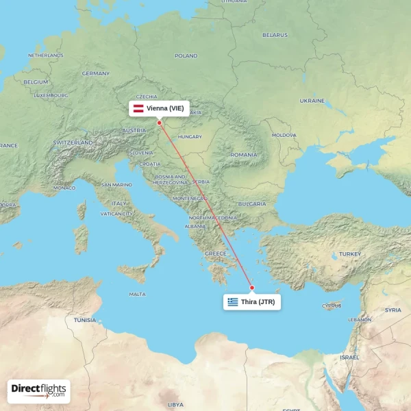 Vienna - Thira direct flight map