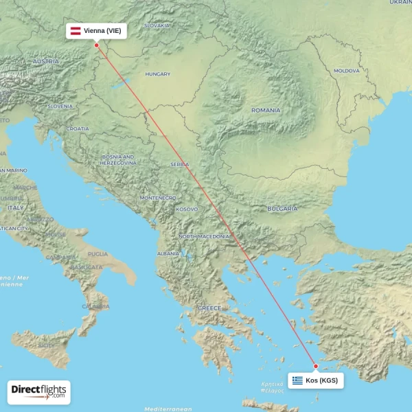 Vienna - Kos direct flight map