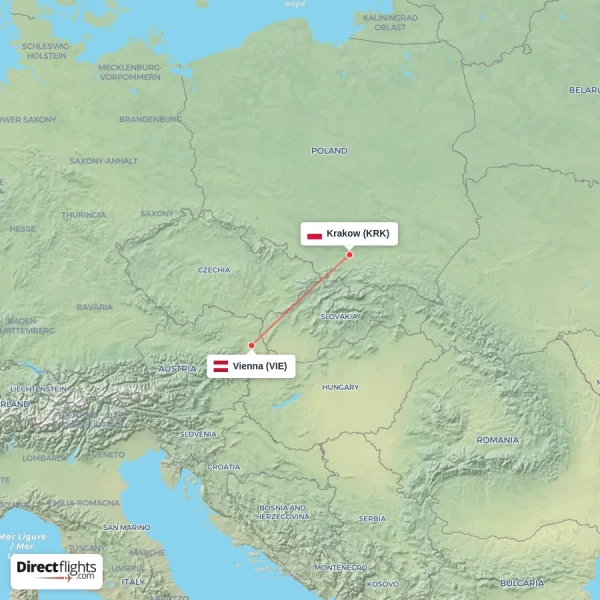 Vienna - Krakow direct flight map