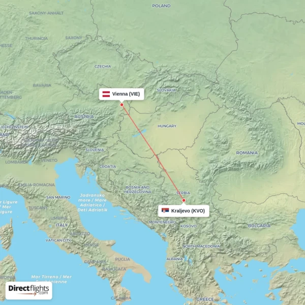 Vienna - Kraljevo direct flight map