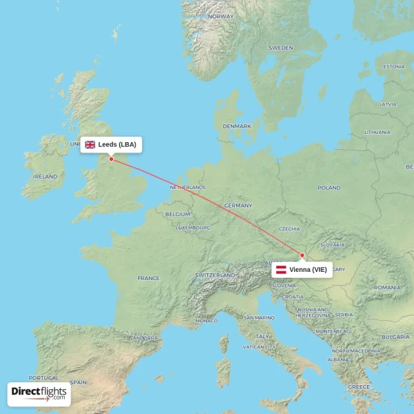 Vienna - Leeds direct flight map