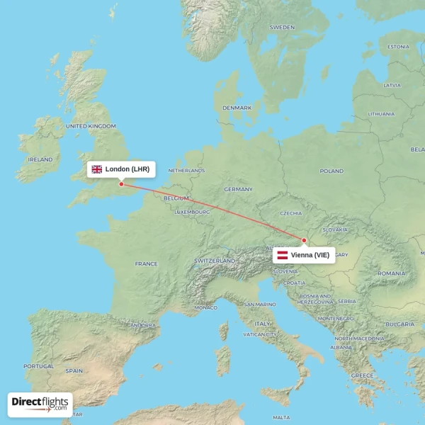 Vienna - London direct flight map