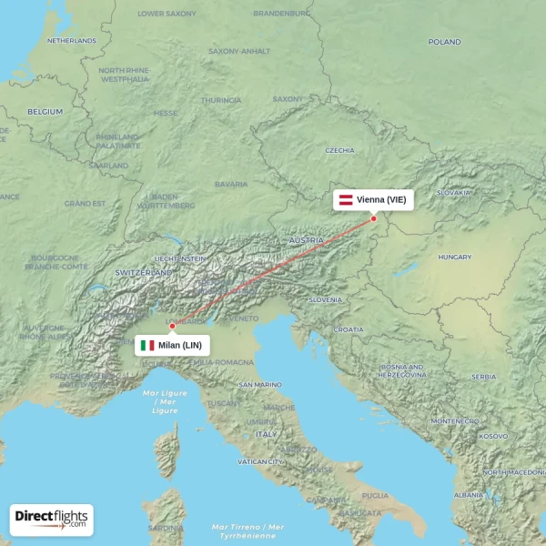 Vienna - Milan direct flight map