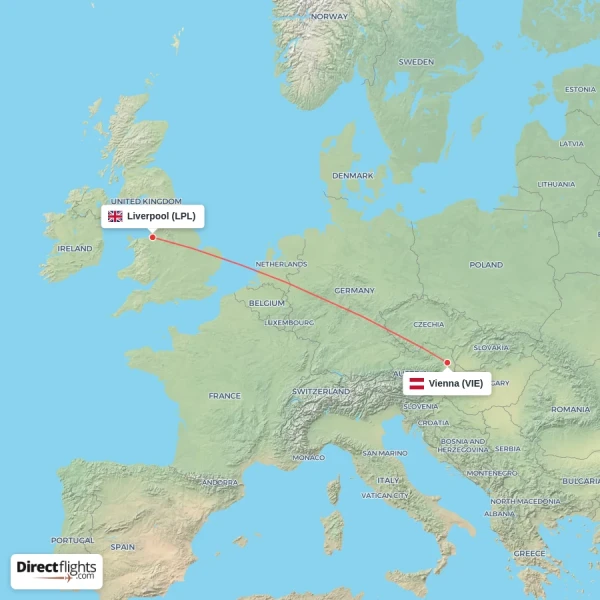Vienna - Liverpool direct flight map