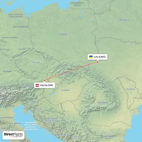 Vienna - Lviv direct flight map