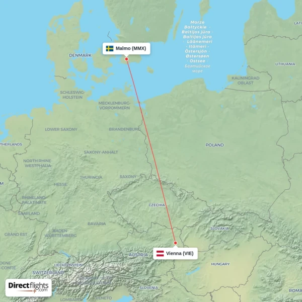 Vienna - Malmo direct flight map