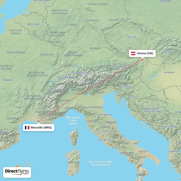 Vienna - Marseille direct flight map