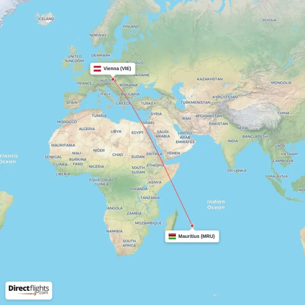 Vienna - Mauritius direct flight map