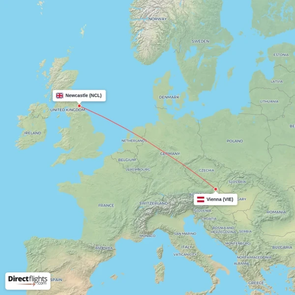Vienna - Newcastle direct flight map
