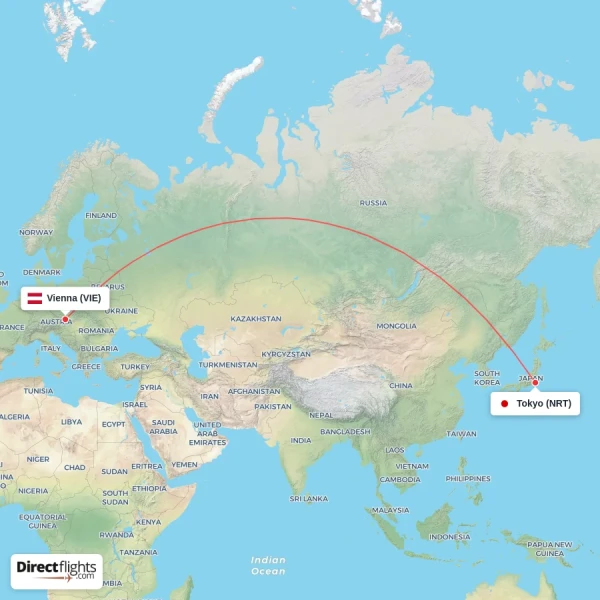 Vienna - Tokyo direct flight map