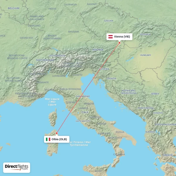 Vienna - Olbia direct flight map