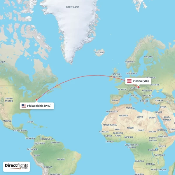 Vienna - Philadelphia direct flight map