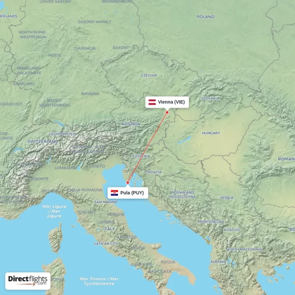 Vienna - Pula direct flight map