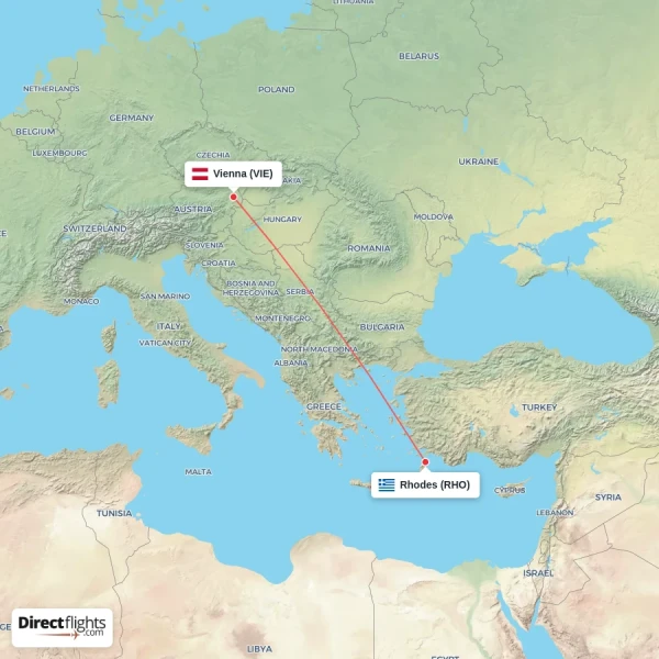 Vienna - Rhodes direct flight map