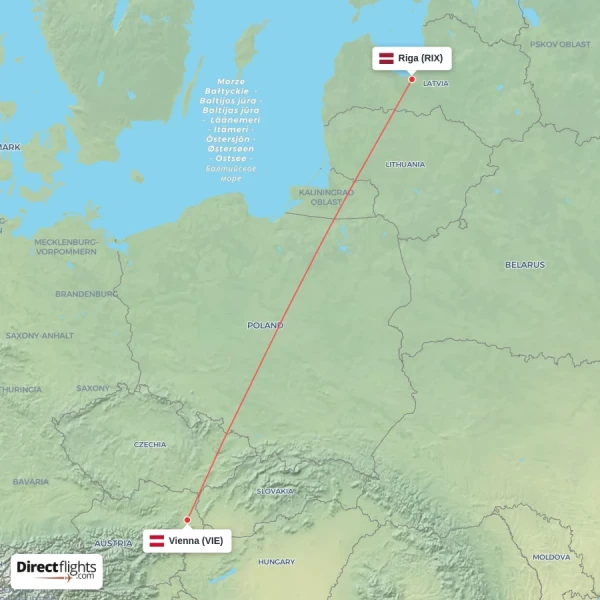 Vienna - Riga direct flight map
