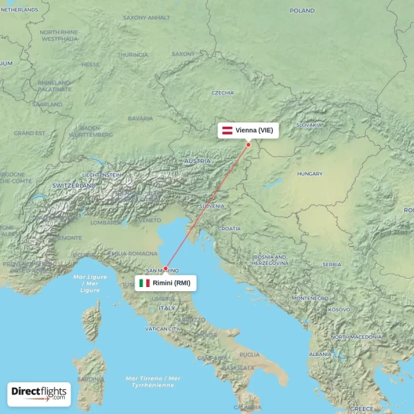 Vienna - Rimini direct flight map