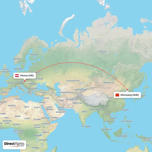 Vienna - Shenyang direct flight map