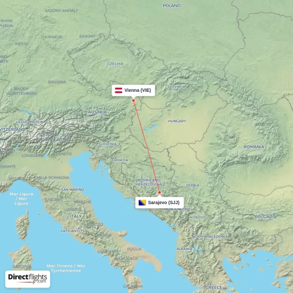 Vienna - Sarajevo direct flight map