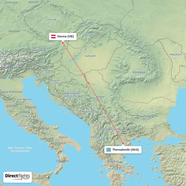 Vienna - Thessaloniki direct flight map