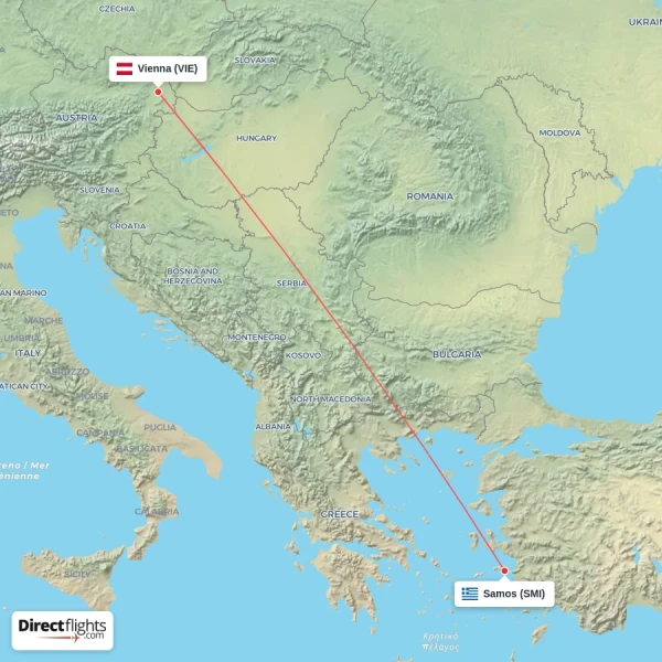 Vienna - Samos direct flight map