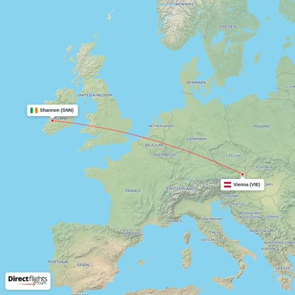 Vienna - Shannon direct flight map