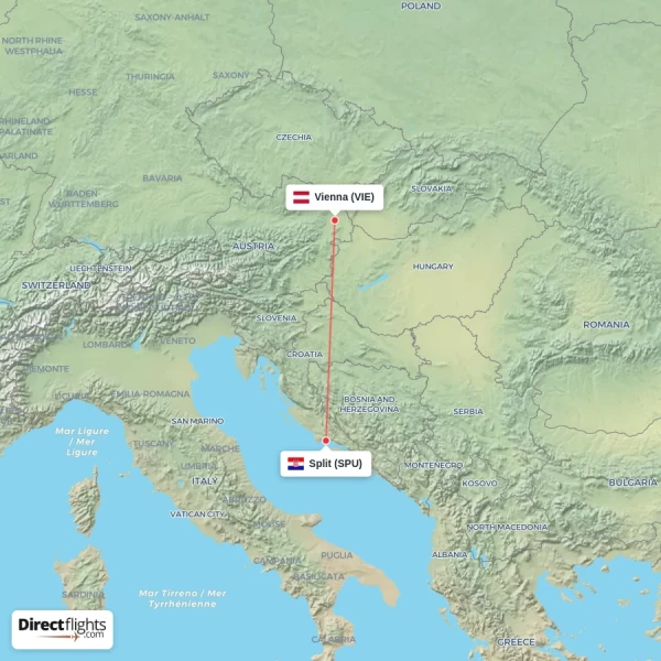 Vienna - Split direct flight map