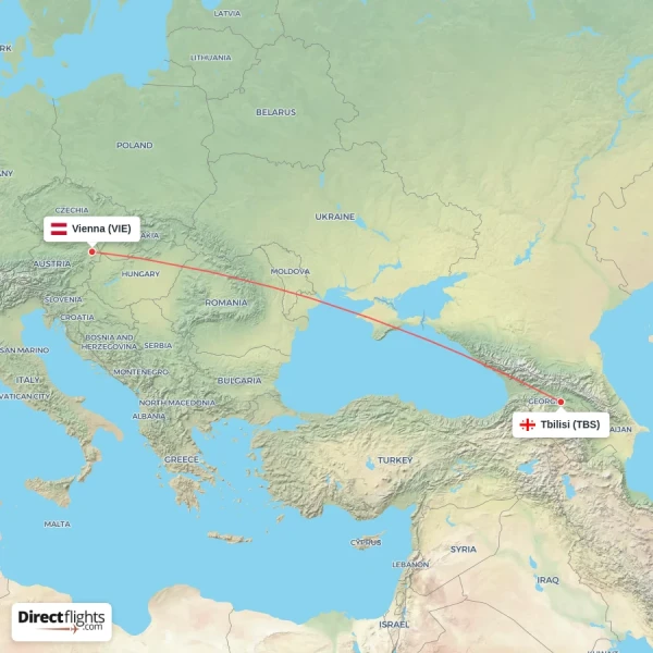 Vienna - Tbilisi direct flight map
