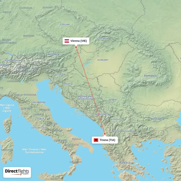 Vienna - Tirana direct flight map