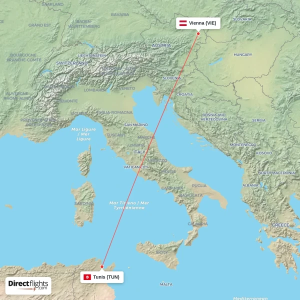 Vienna - Tunis direct flight map