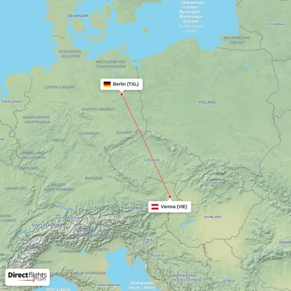Vienna - Berlin direct flight map