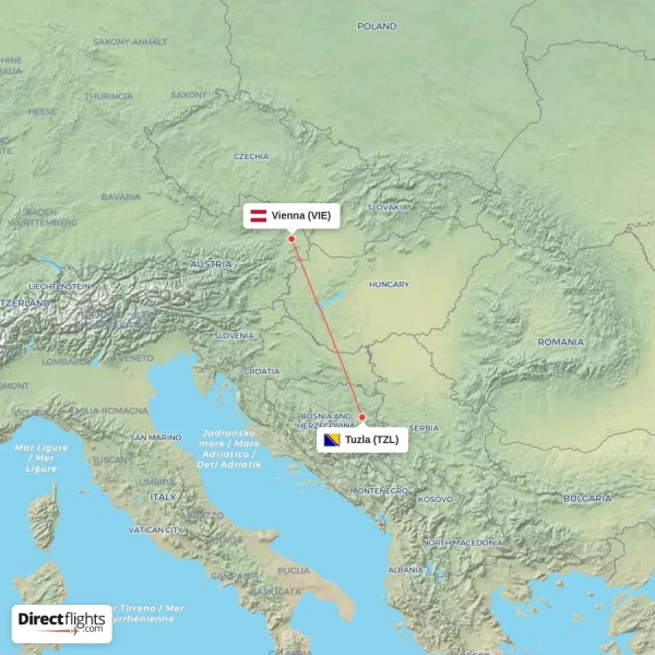 Vienna - Tuzla direct flight map