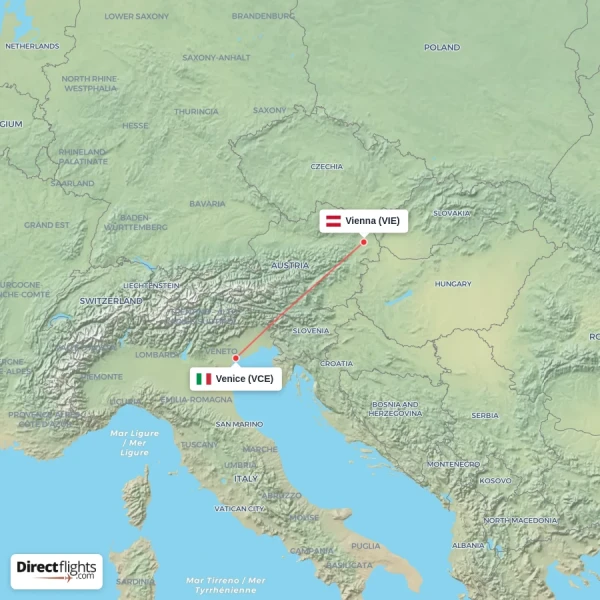 Vienna - Venice direct flight map