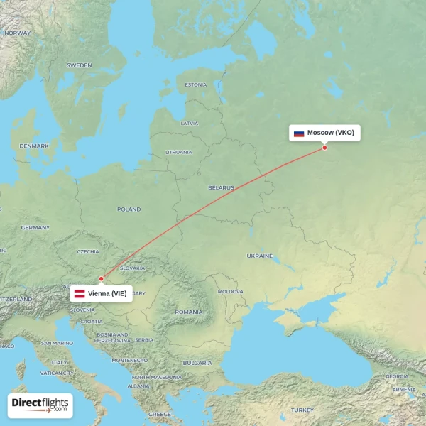 Vienna - Moscow direct flight map