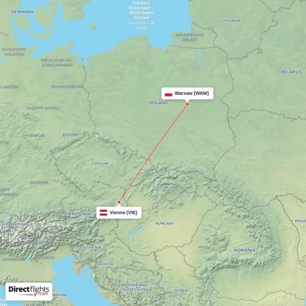 Vienna - Warsaw direct flight map