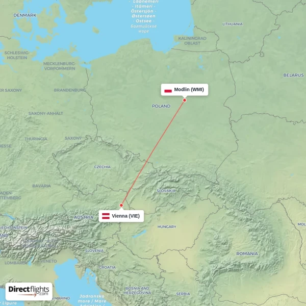 Vienna - Modlin direct flight map