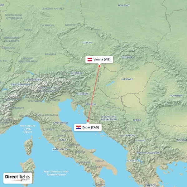 Vienna - Zadar direct flight map