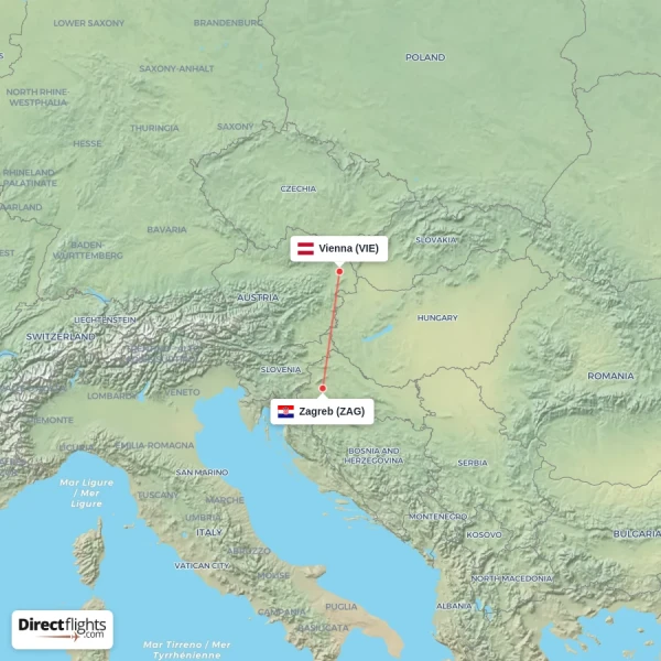 Vienna - Zagreb direct flight map