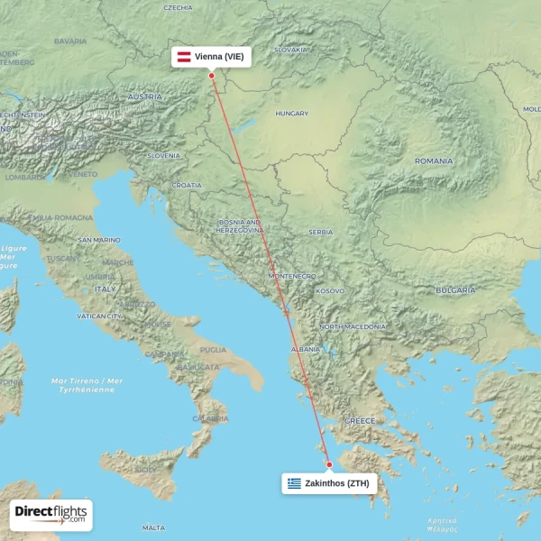 Vienna - Zakinthos direct flight map