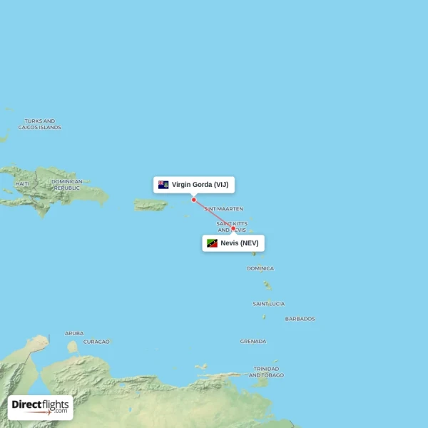 Virgin Gorda - Nevis direct flight map